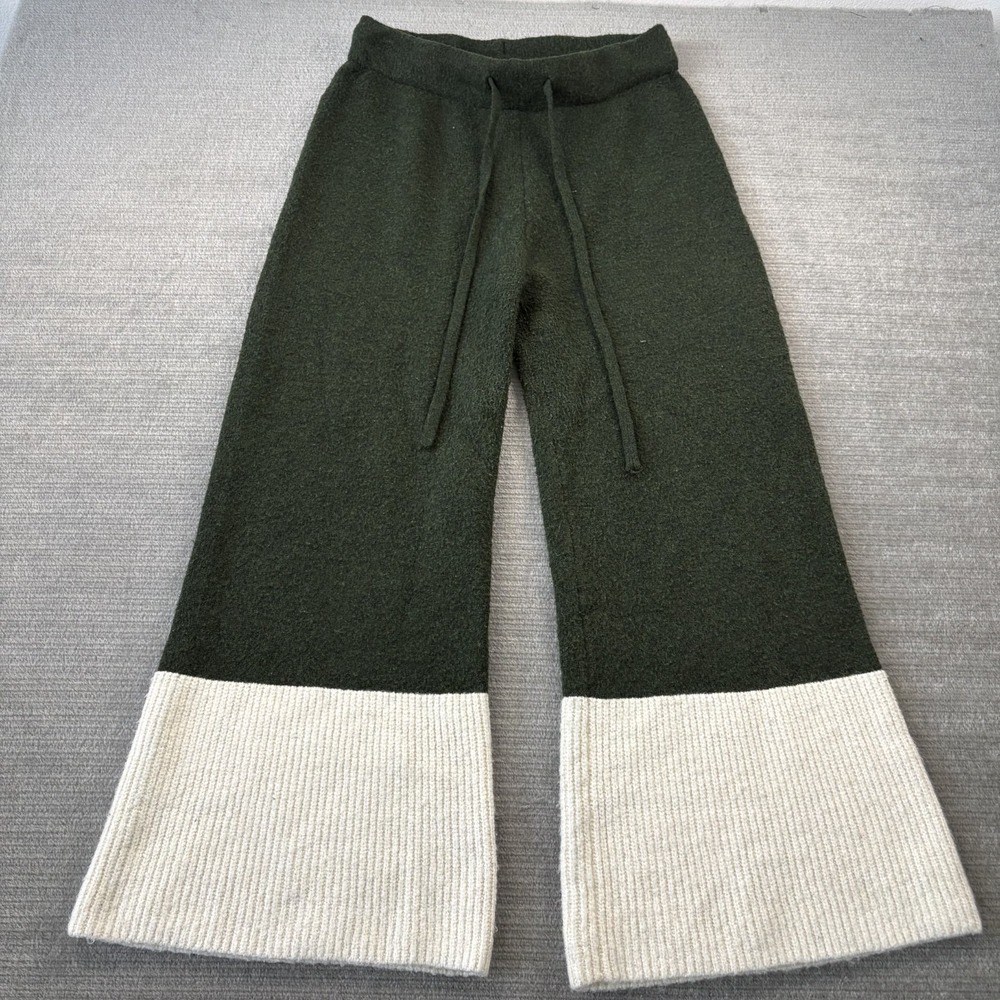 World Market Sweatpants Lounge Women L/XL Green Ribbed Knit Stretch Wide Leg
